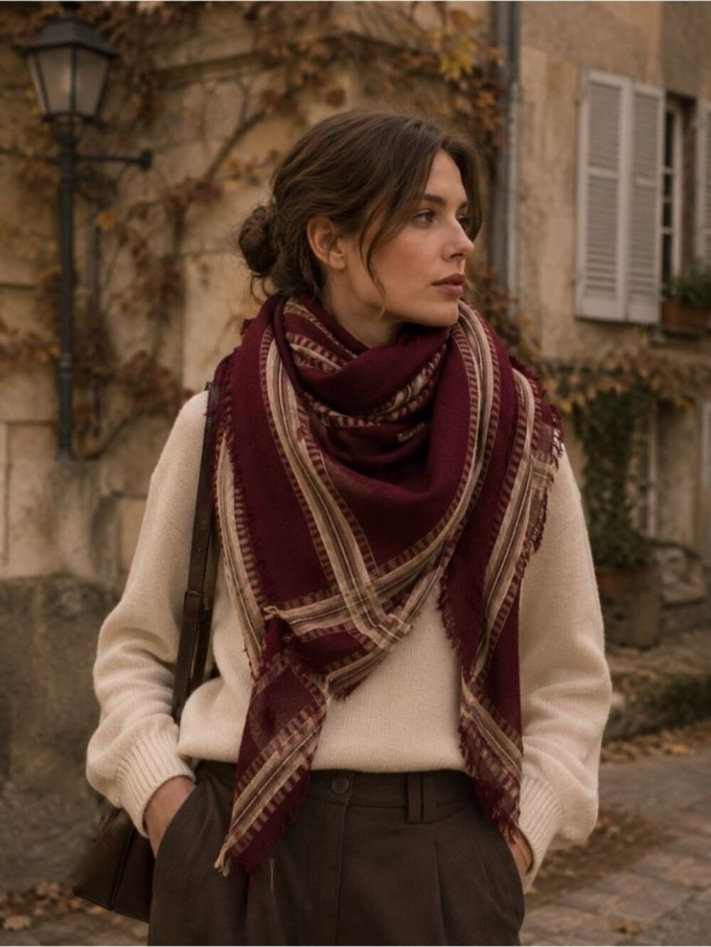 Wilfred Aritzia Wool Burgundy Striped Scarf Fringe Lightweight Wrap Shawl Fall